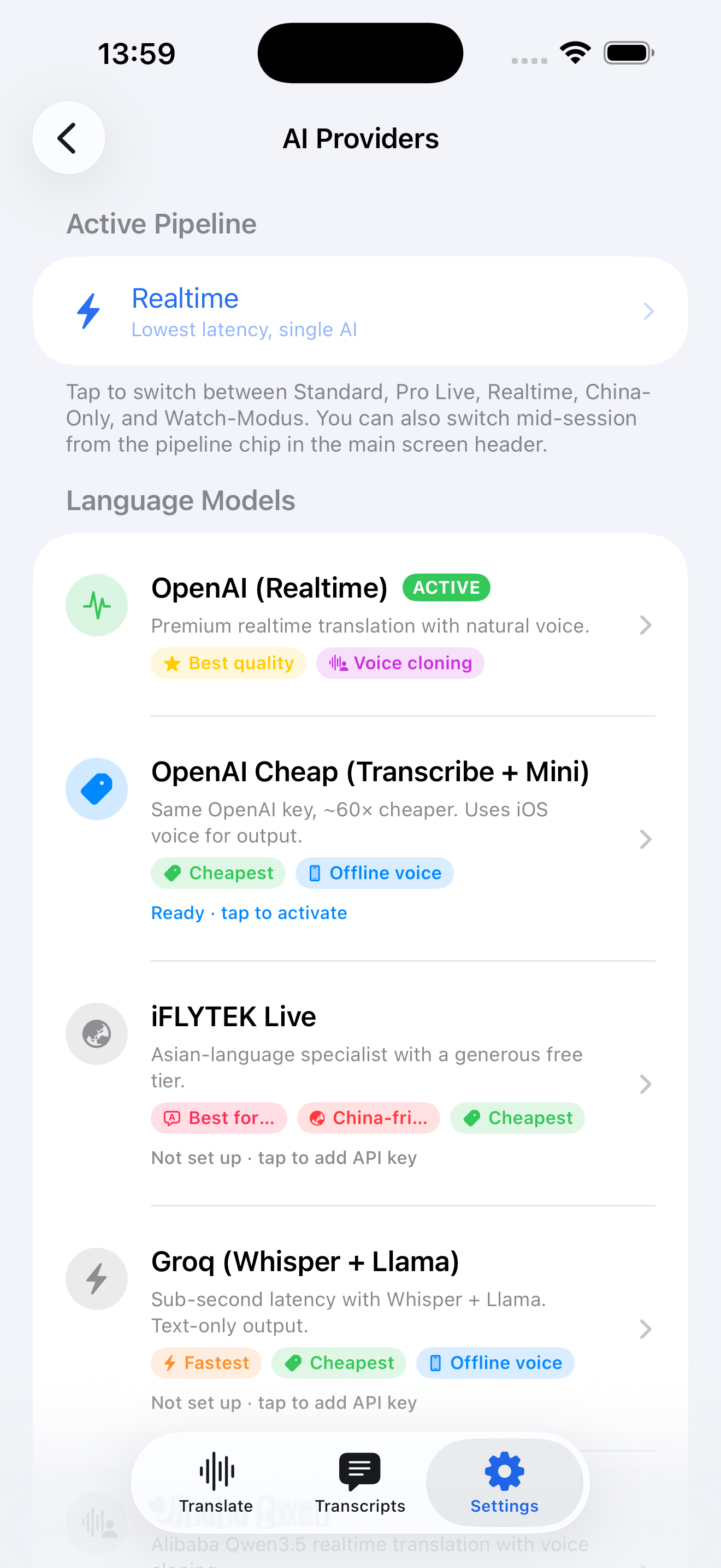 SpeechKey AI Providers screen showing configured providers