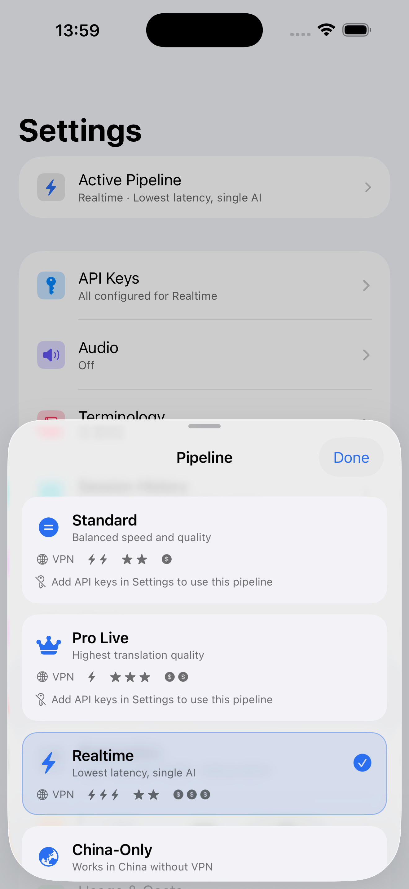 Pipeline picker in the SpeechKey app showing Standard, Pro Live, Realtime and China-Only